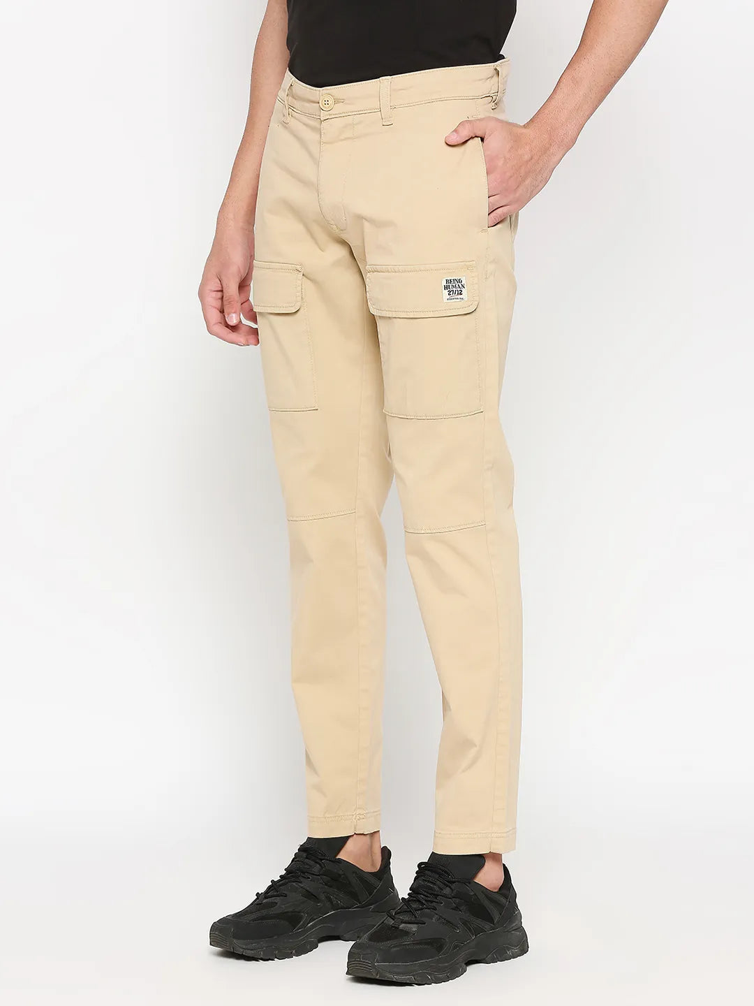 Beige Slim Straight Fit Men's Cargos by Being Human Clothing