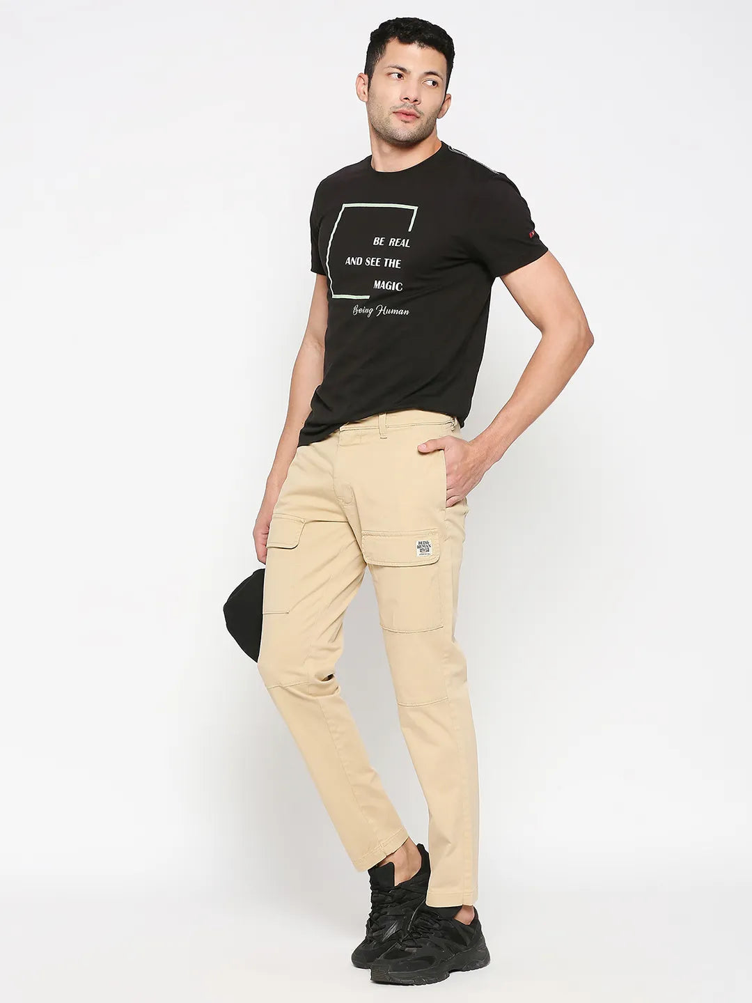 Beige Slim Straight Fit Men's Cargos by Being Human Clothing