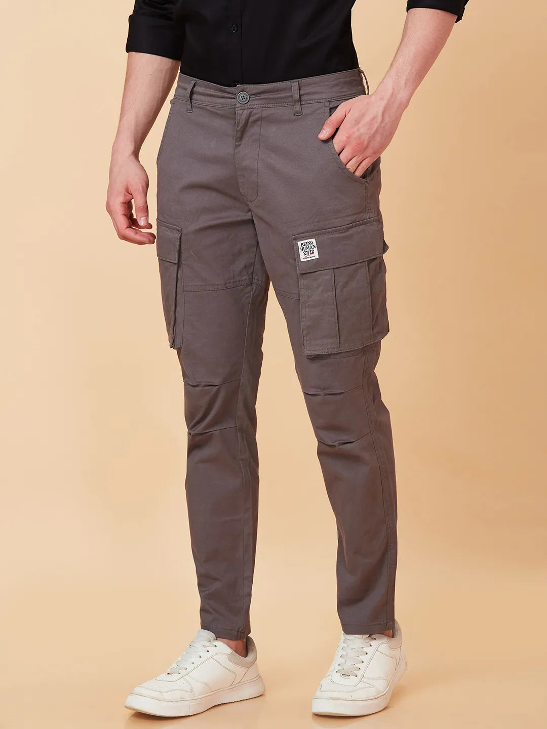 Grey Slim Fit Men's Cargos by Being Human Clothing