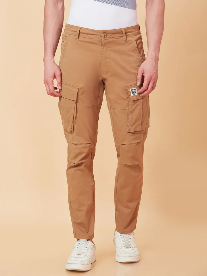 Brown Slim Fit Cargos For Men By Being Human Clothing
