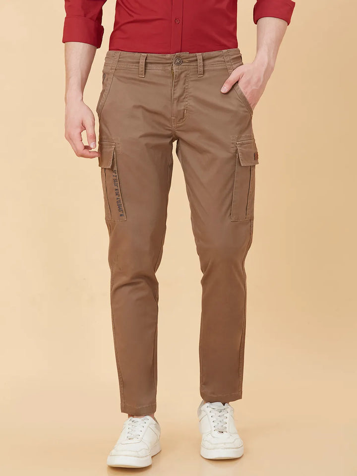 Brown Slim Fit Cargos For Men By Being Human Clothing