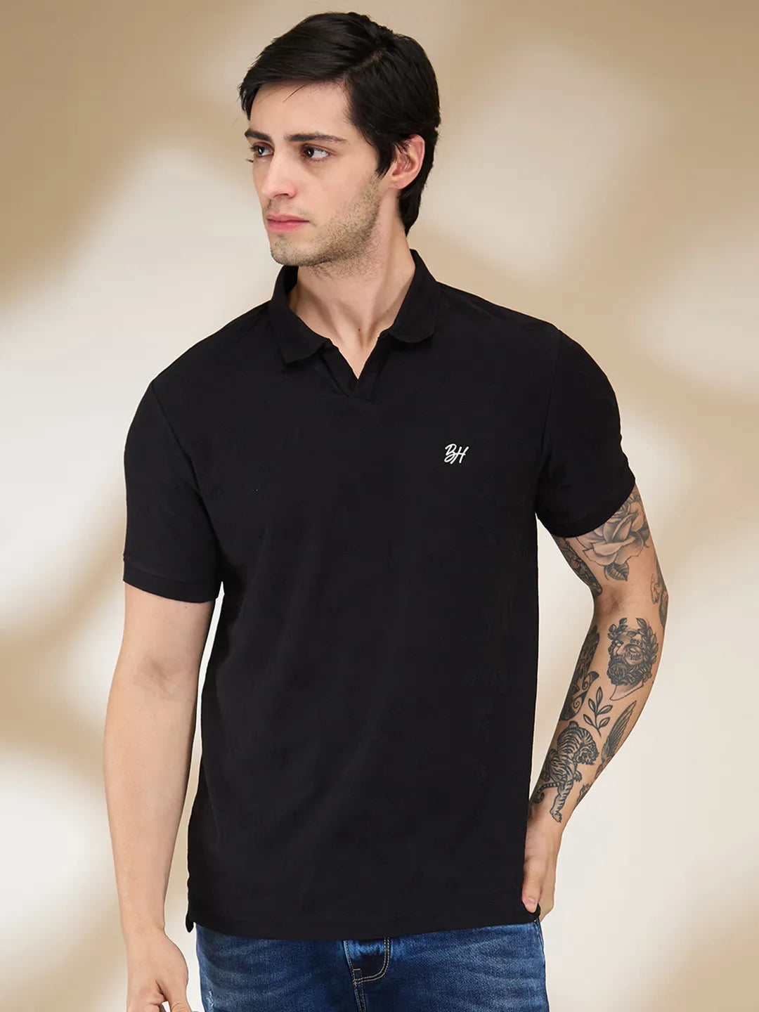 Being Human Clothing Men Black Solid Polo Neck T-Shirt
