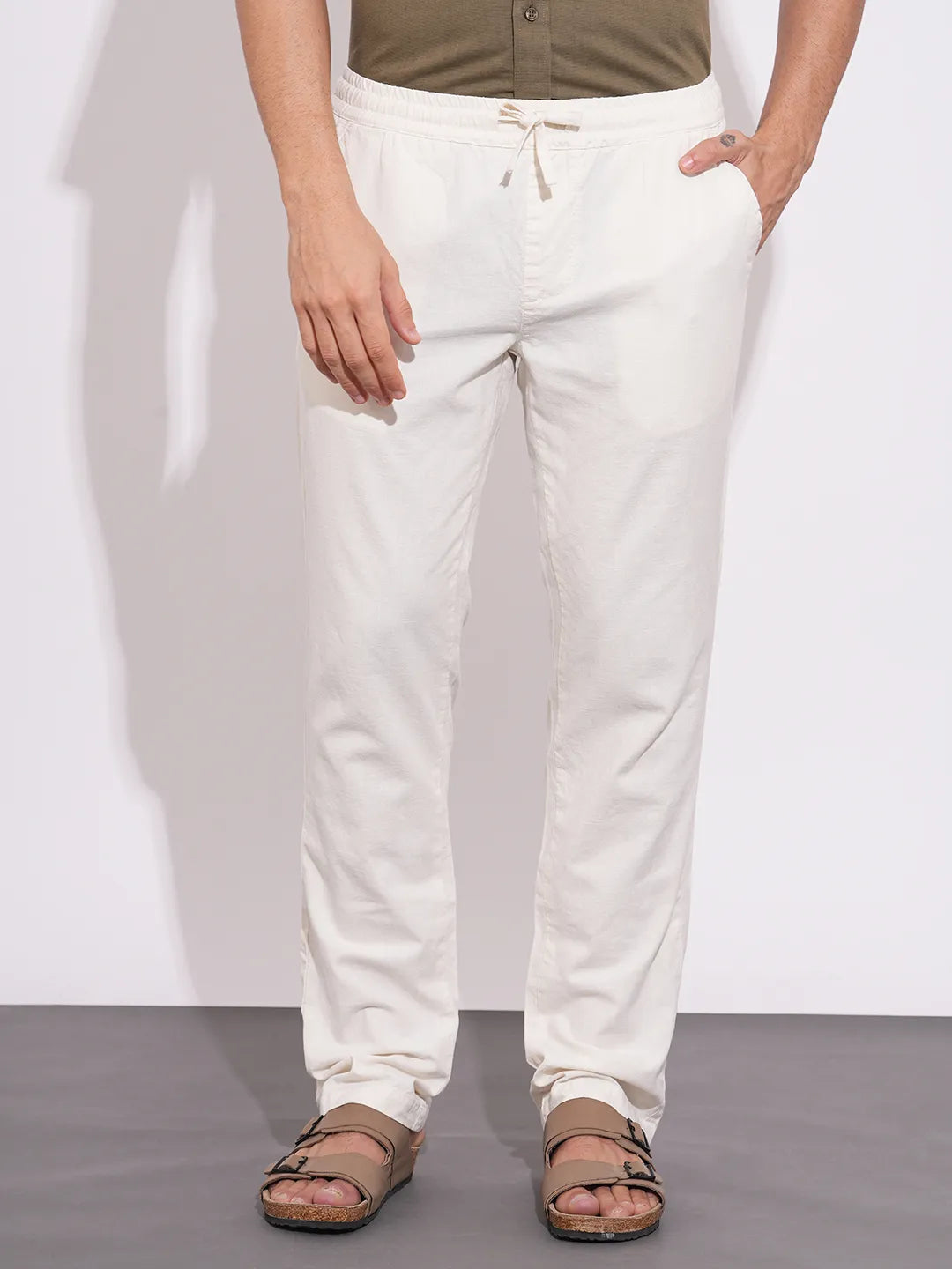 Being Human Men's White Mid-Rise Loose Fit Trousers