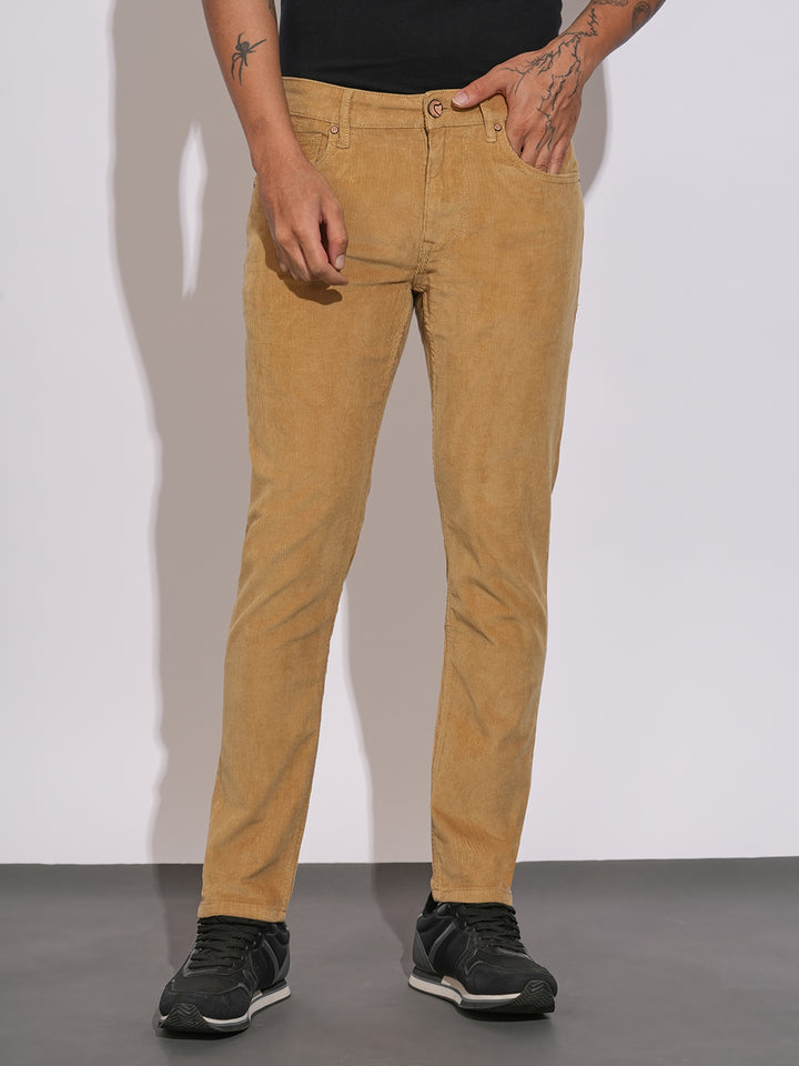 Beige Cropped Fit Denims For Men