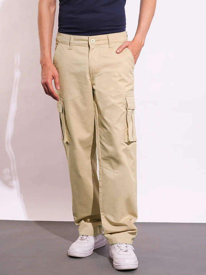 Beige Slim Fit Men's Cargos by Being Human Clothing