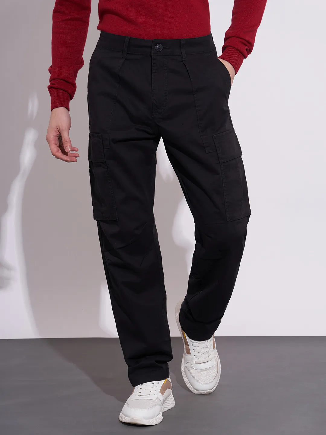 Black Slim Fit Cotton Blend Men's Cargos by Being Human Clothing