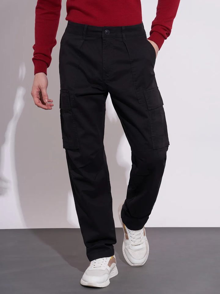 Black Slim Fit Cotton Blend Men's Cargos by Being Human Clothing