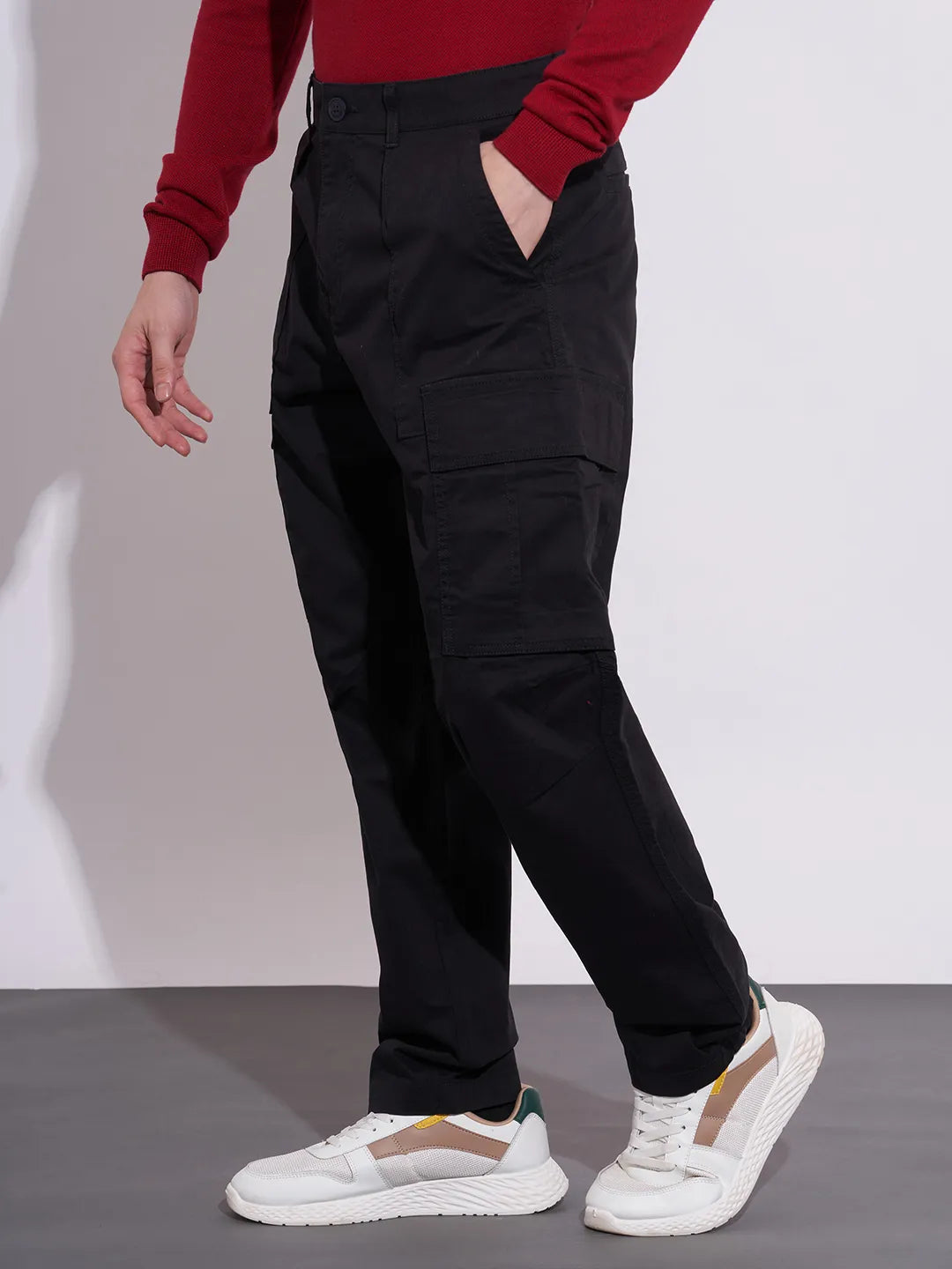 Black Slim Fit Cotton Blend Men's Cargos by Being Human Clothing