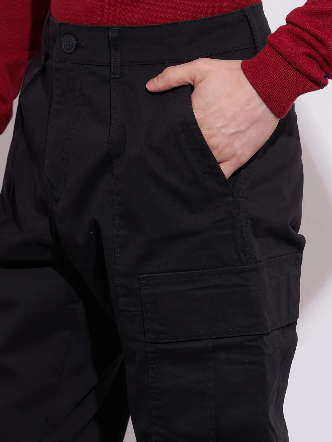 Black Slim Fit Cotton Blend Men's Cargos by Being Human Clothing