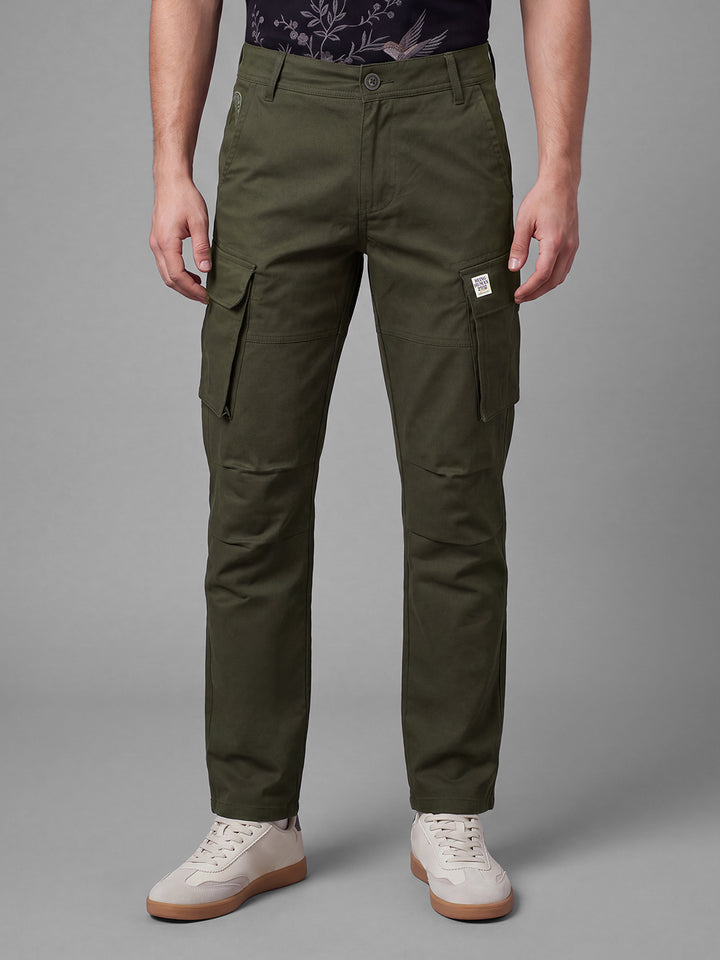 Dark Olive Mid Rise Pure Cotton Men's Cargos by Being Human Clothing