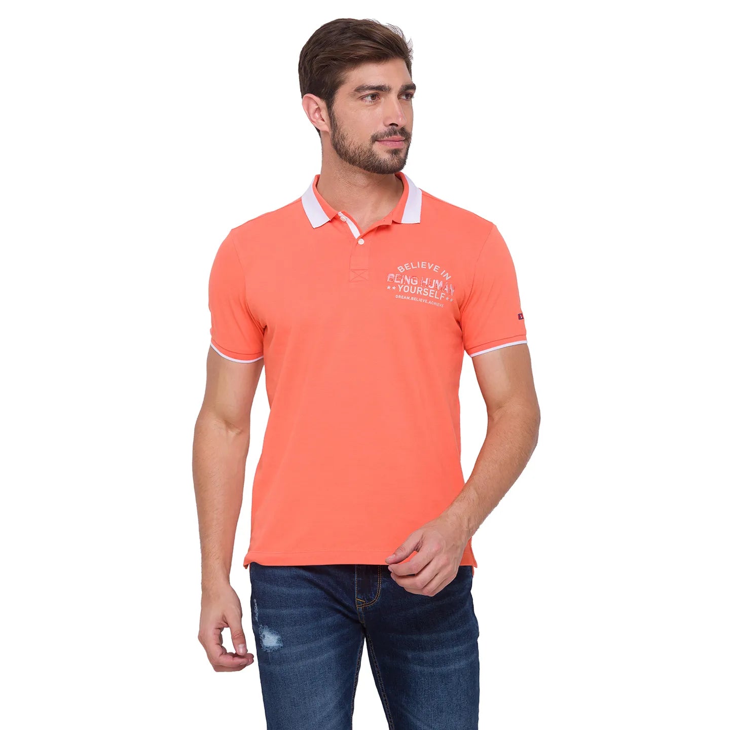 Being Human Clothing Men Regular Fit Polo Neck T-Shirts-Salmon