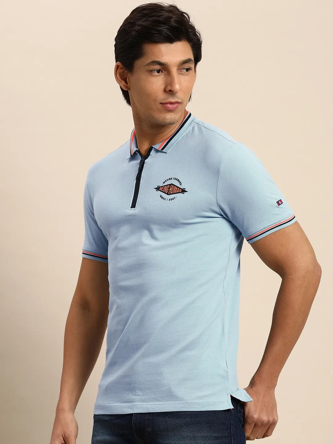 Being Human Clothing Men Regular Fit Polo Neck T-Shirts-Lt. Blue