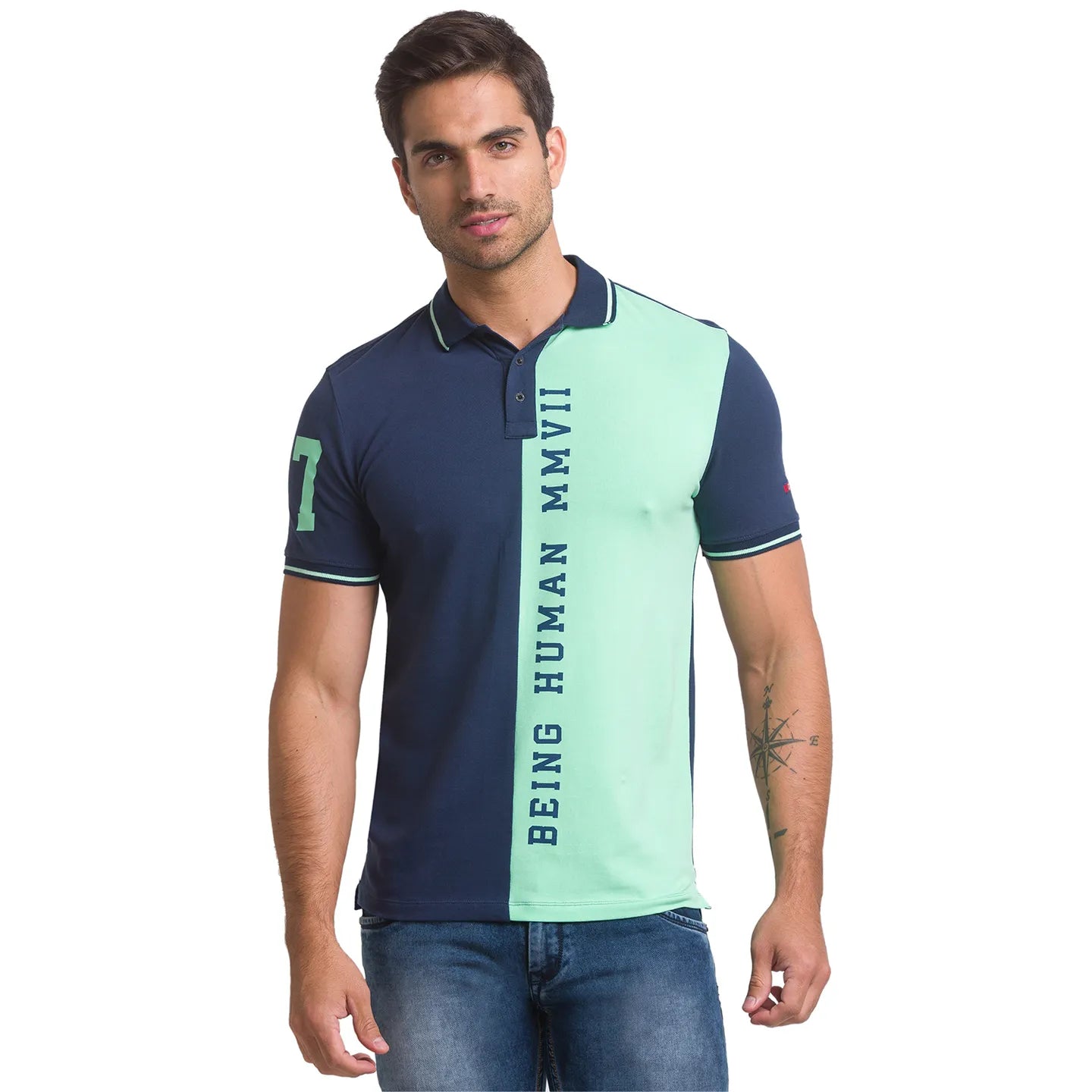 Being Human Clothing Men Slim Fit Polo Neck T-Shirts-Ocean Blue