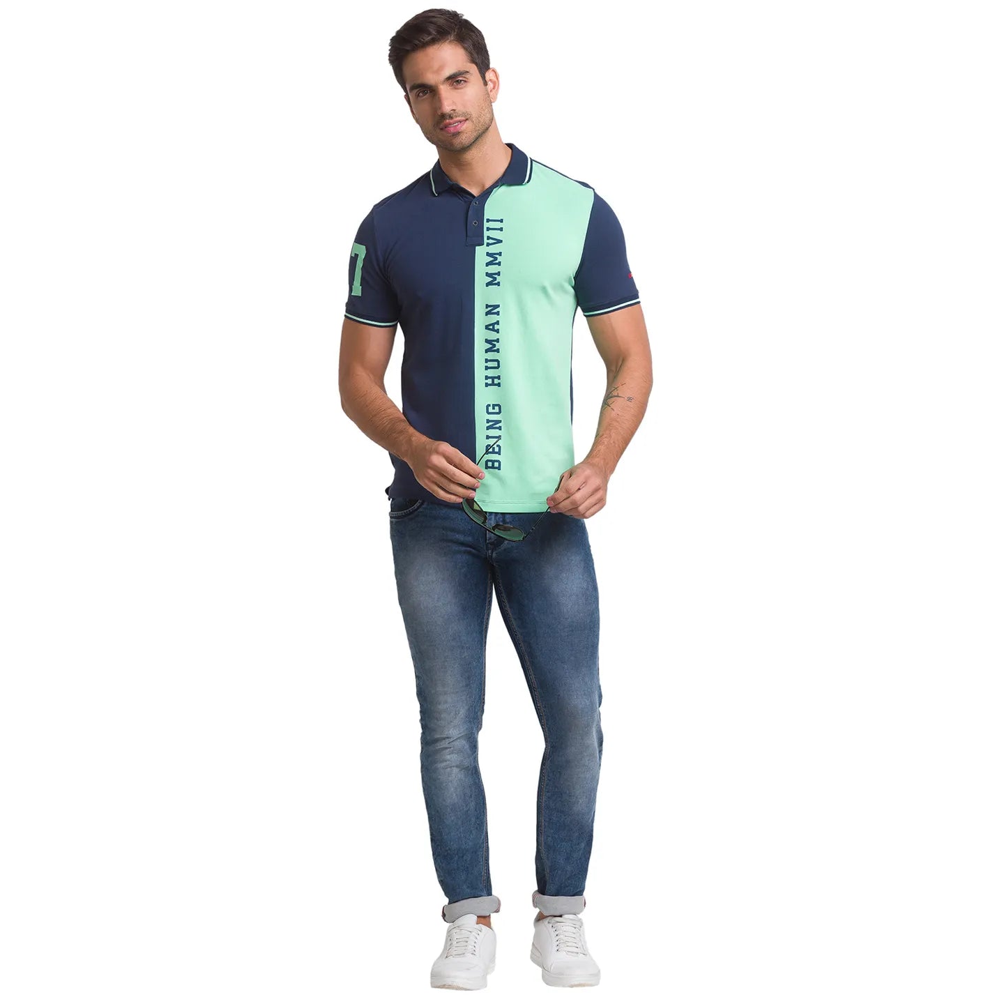 Being Human Clothing Men Slim Fit Polo Neck T-Shirts-Ocean Blue