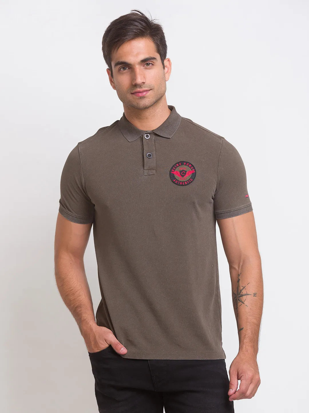 Being Human Clothing Men Slim Fit Polo Neck T-Shirts-Dark Olive