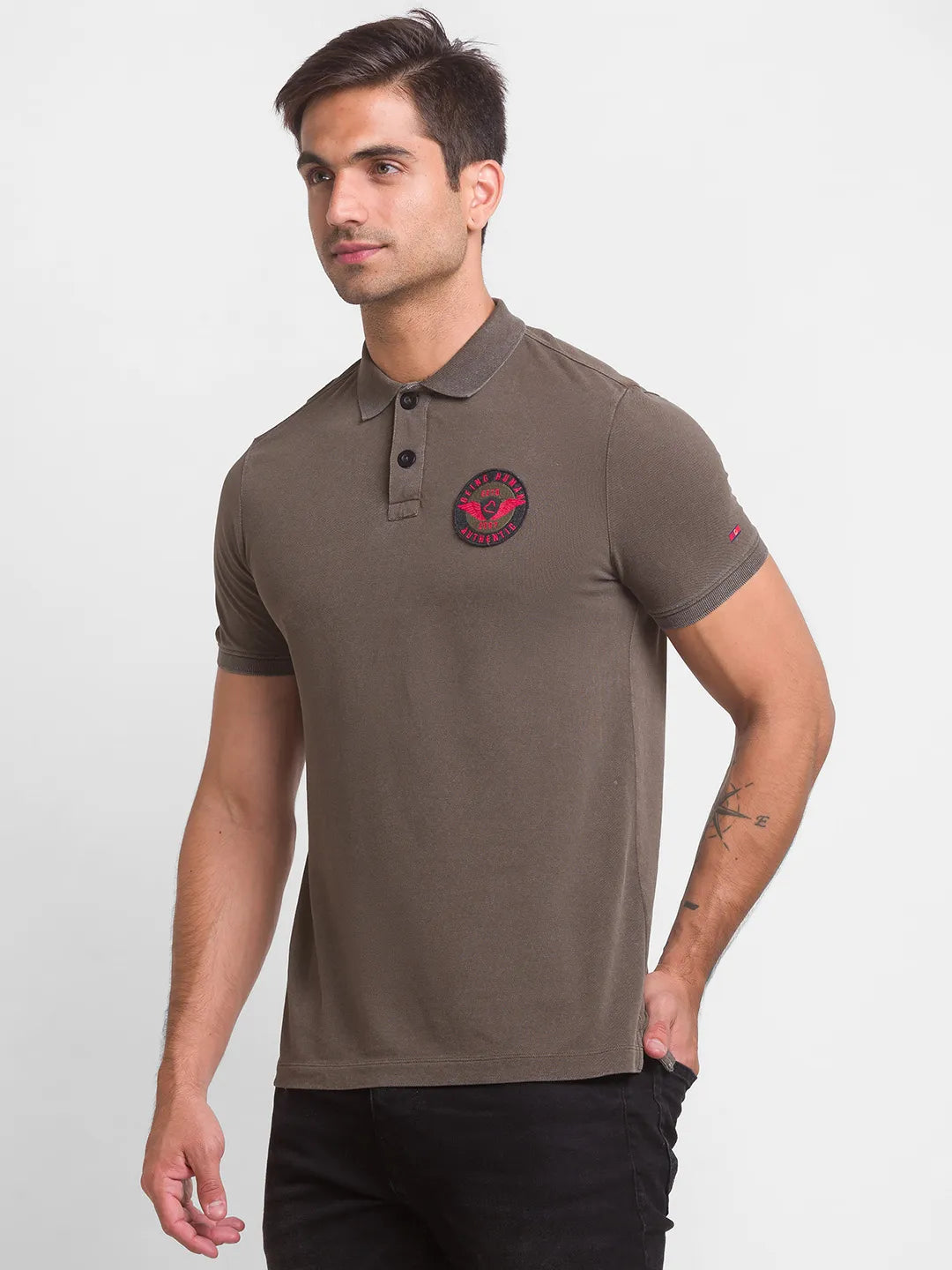 Being Human Clothing Men Slim Fit Polo Neck T-Shirts-Dark Olive