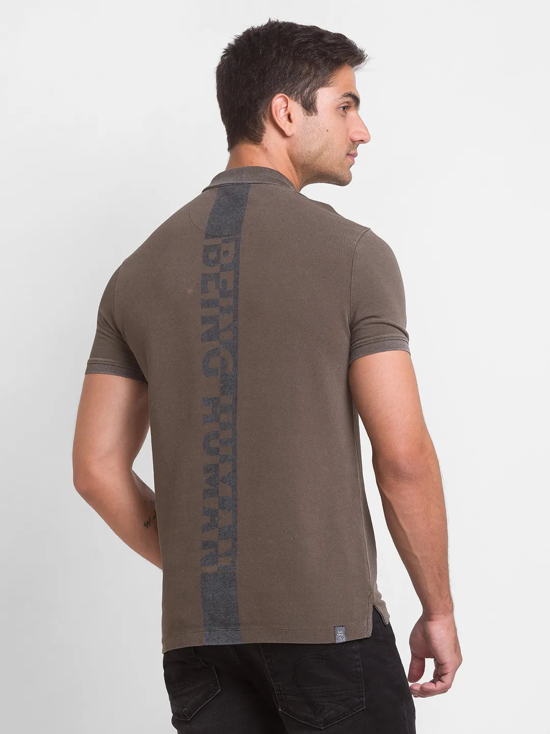 Being Human Clothing Men Slim Fit Polo Neck T-Shirts-Dark Olive