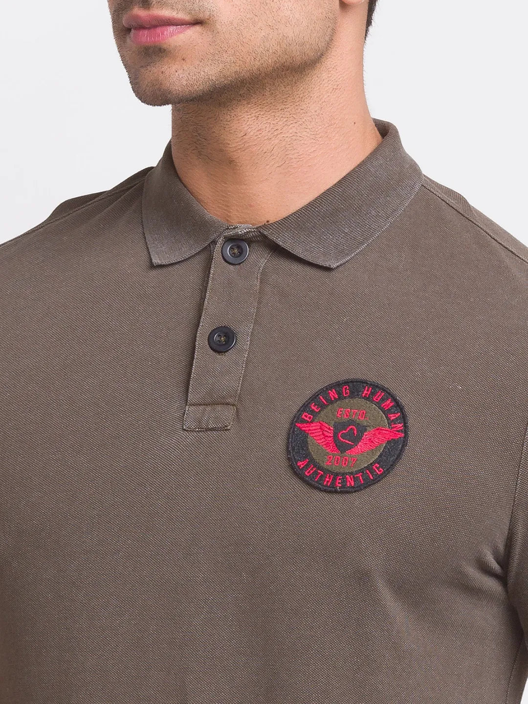 Being Human Clothing Men Slim Fit Polo Neck T-Shirts-Dark Olive