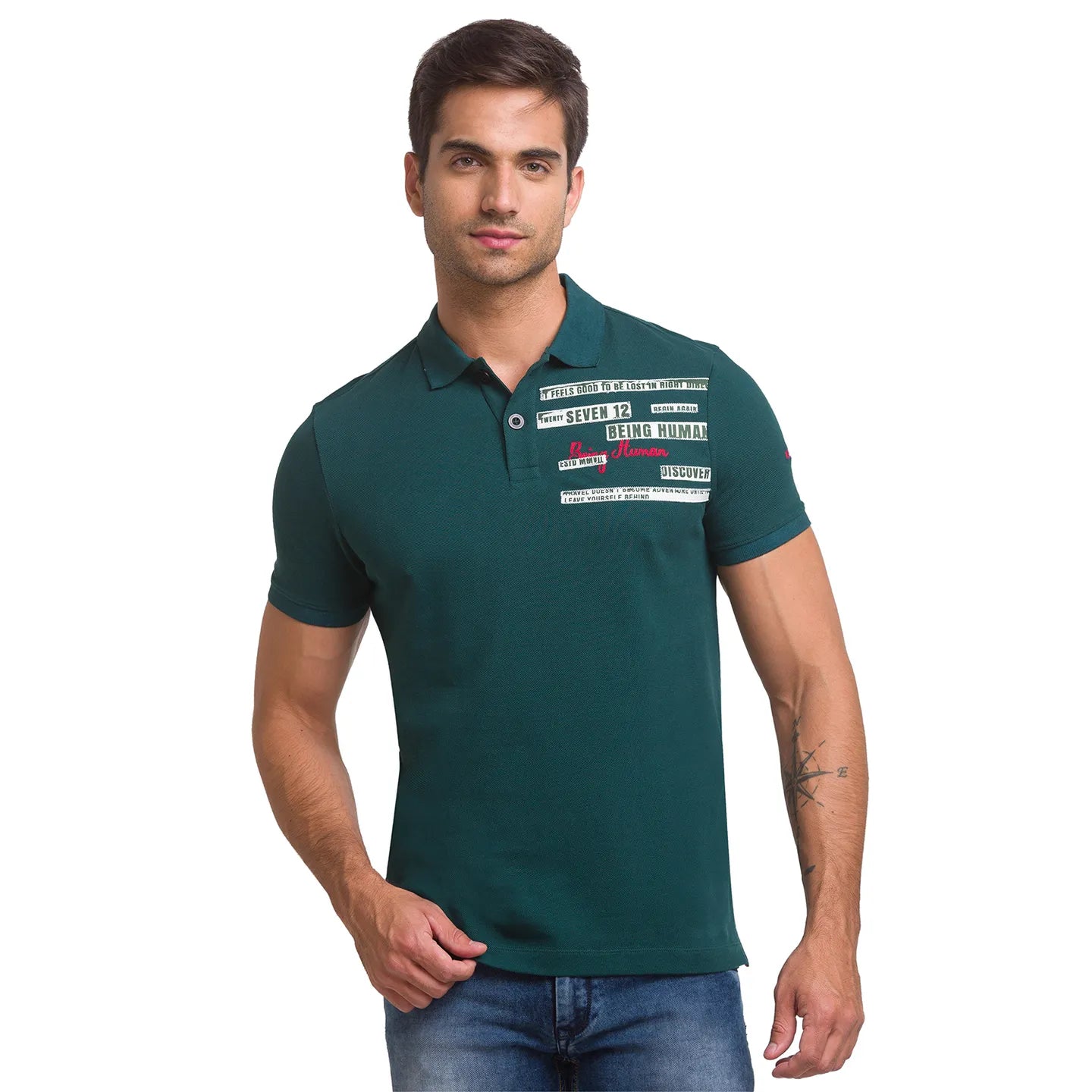 Green Slim Straight Fit Men's Polo T-Shirt by Being Human Clothing