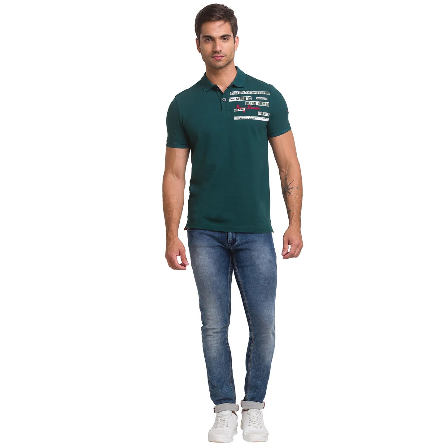 Green Slim Straight Fit Men's Polo T-Shirt by Being Human Clothing