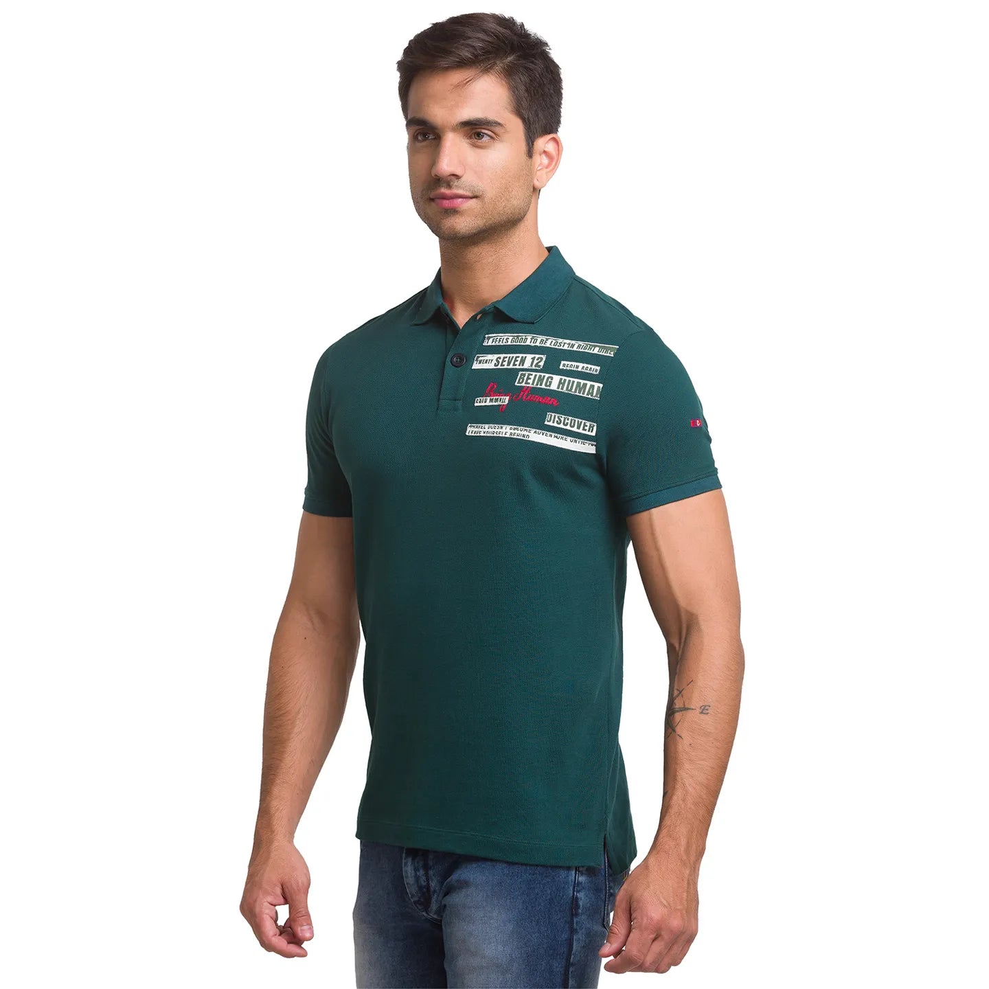 Green Slim Straight Fit Men's Polo T-Shirt by Being Human Clothing