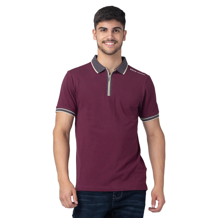 Purple Slim Fit Men's Polo T-shirt by Being Human Clothing