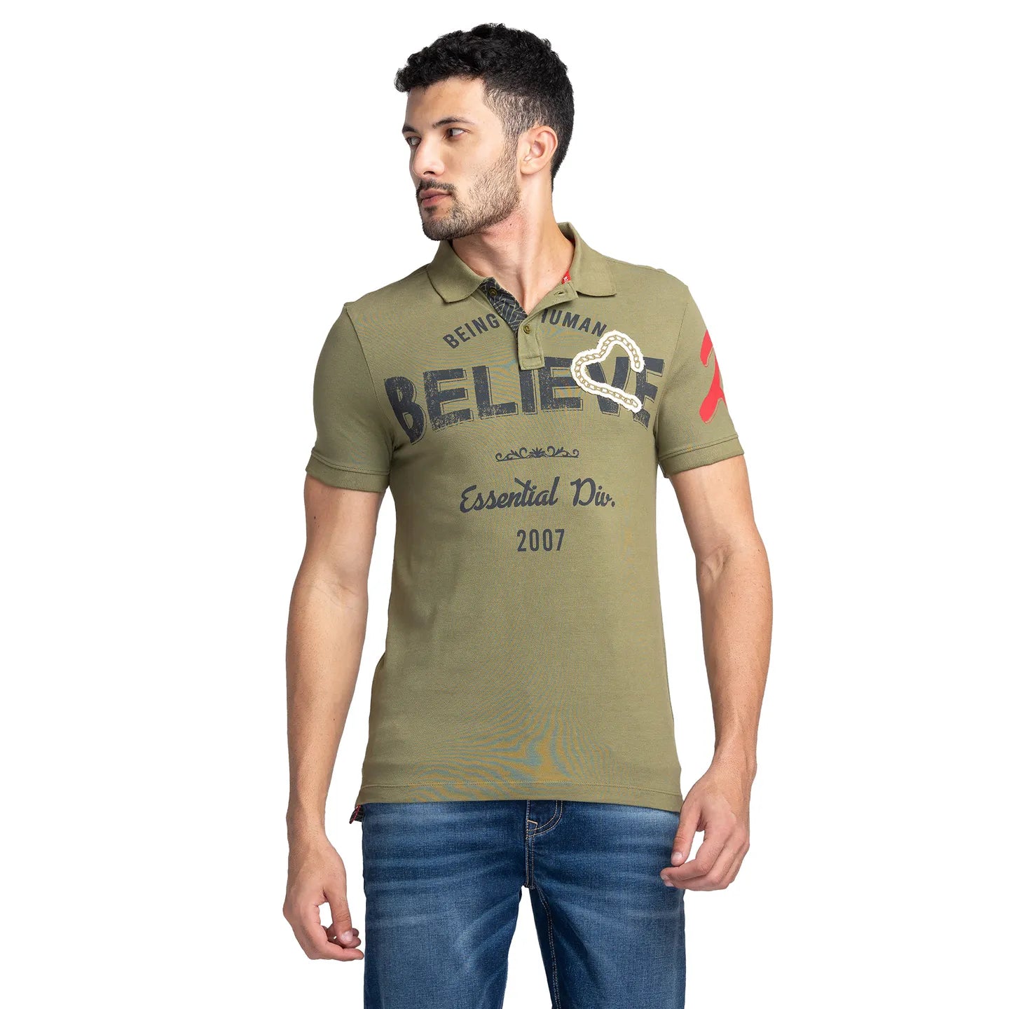 Being Human Clothing Men Regular Fit Polo Neck T-Shirts-Olive