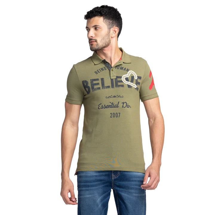 Olive Slim Fit Men's Polo T-shirt by Being Human Clothing
