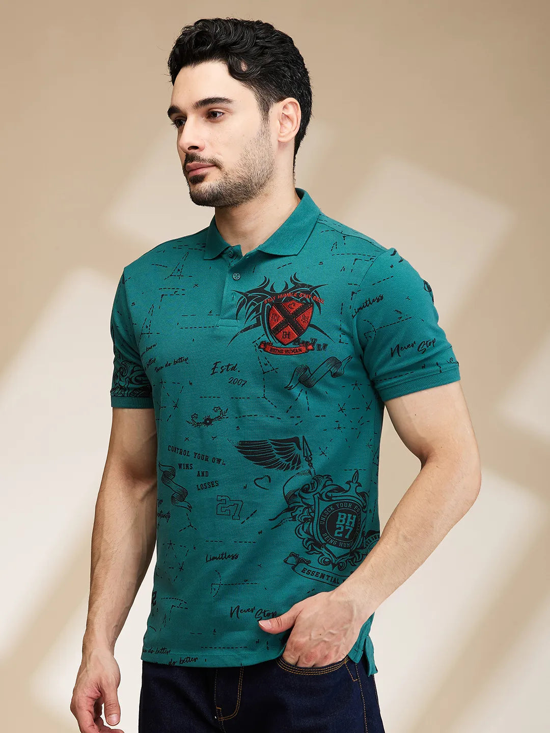 Green Regular Fit Men's Polo T-Shirt by Being Human Clothing