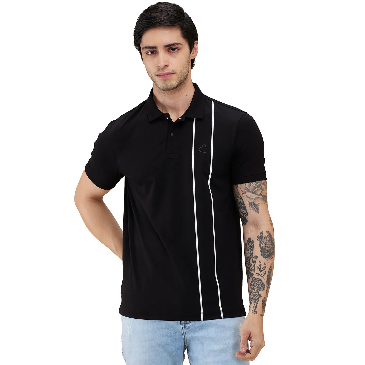 Being Human Clothing Men Black Vertical Stripes Polo Neck T-Shirt