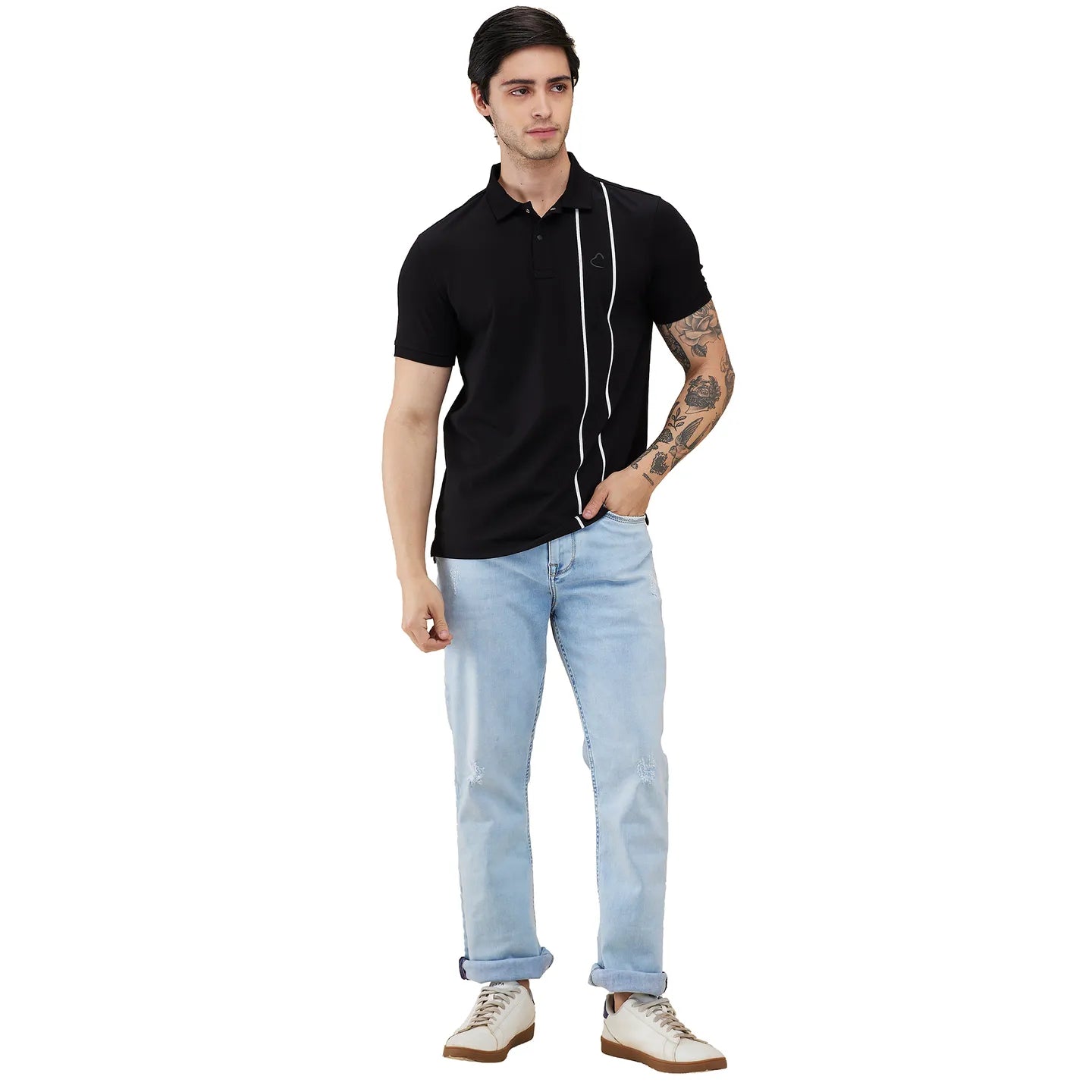 Being Human Clothing Men Black Vertical Stripes Polo Neck T-Shirt