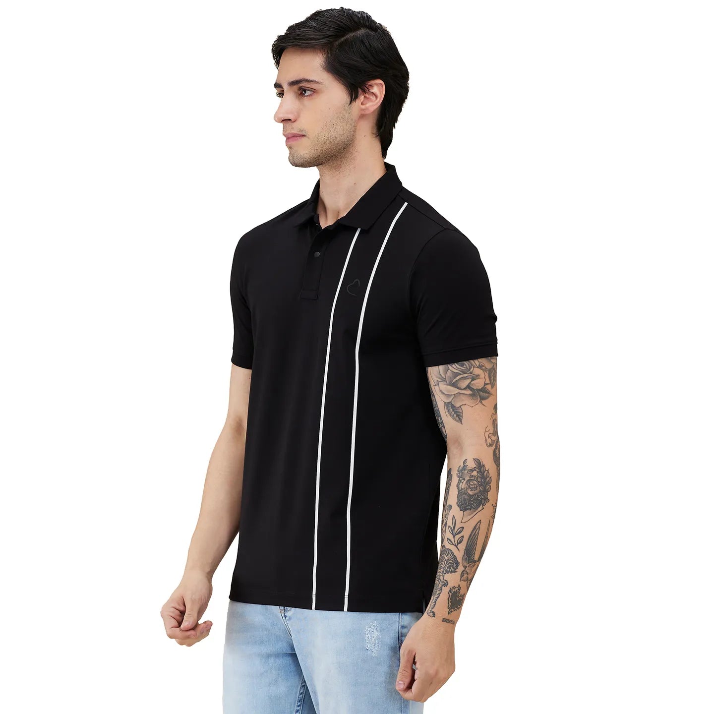 Being Human Clothing Men Black Vertical Stripes Polo Neck T-Shirt