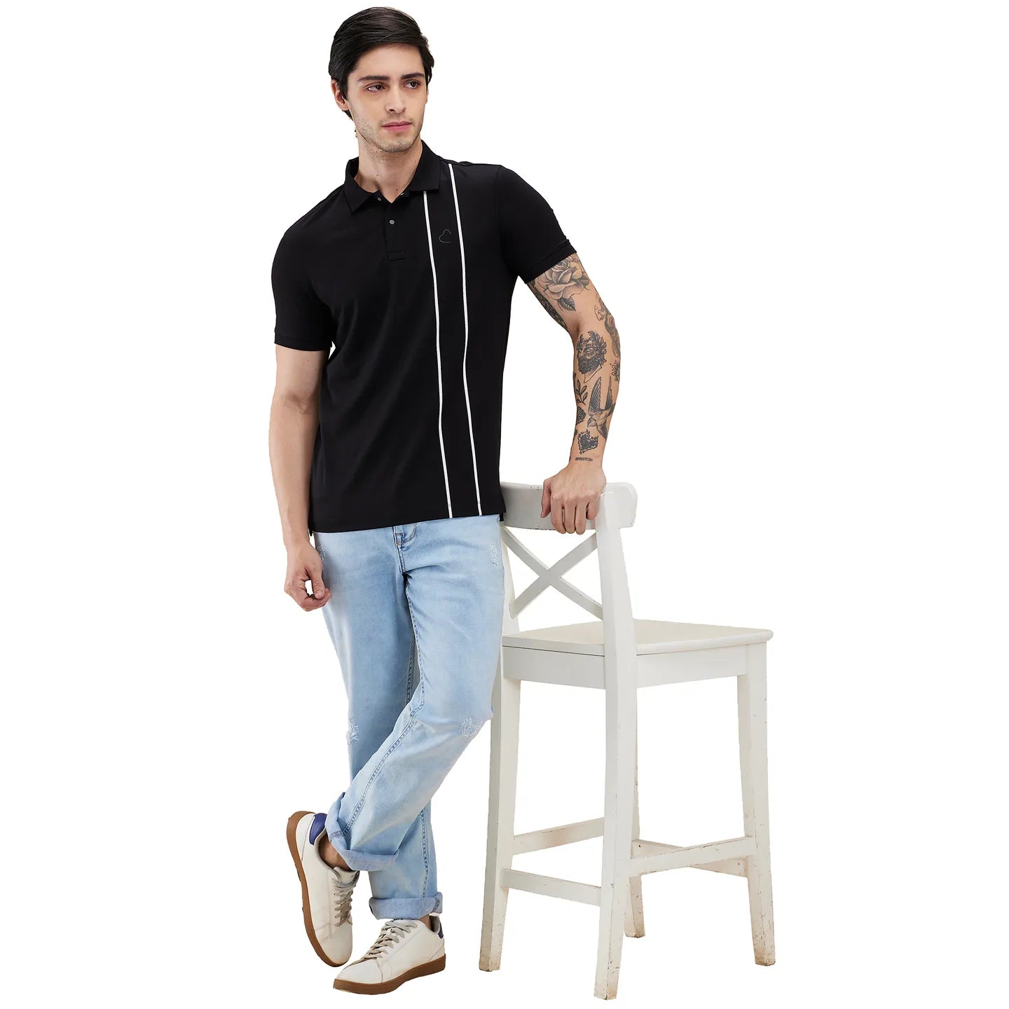 Being Human Clothing Men Black Vertical Stripes Polo Neck T-Shirt