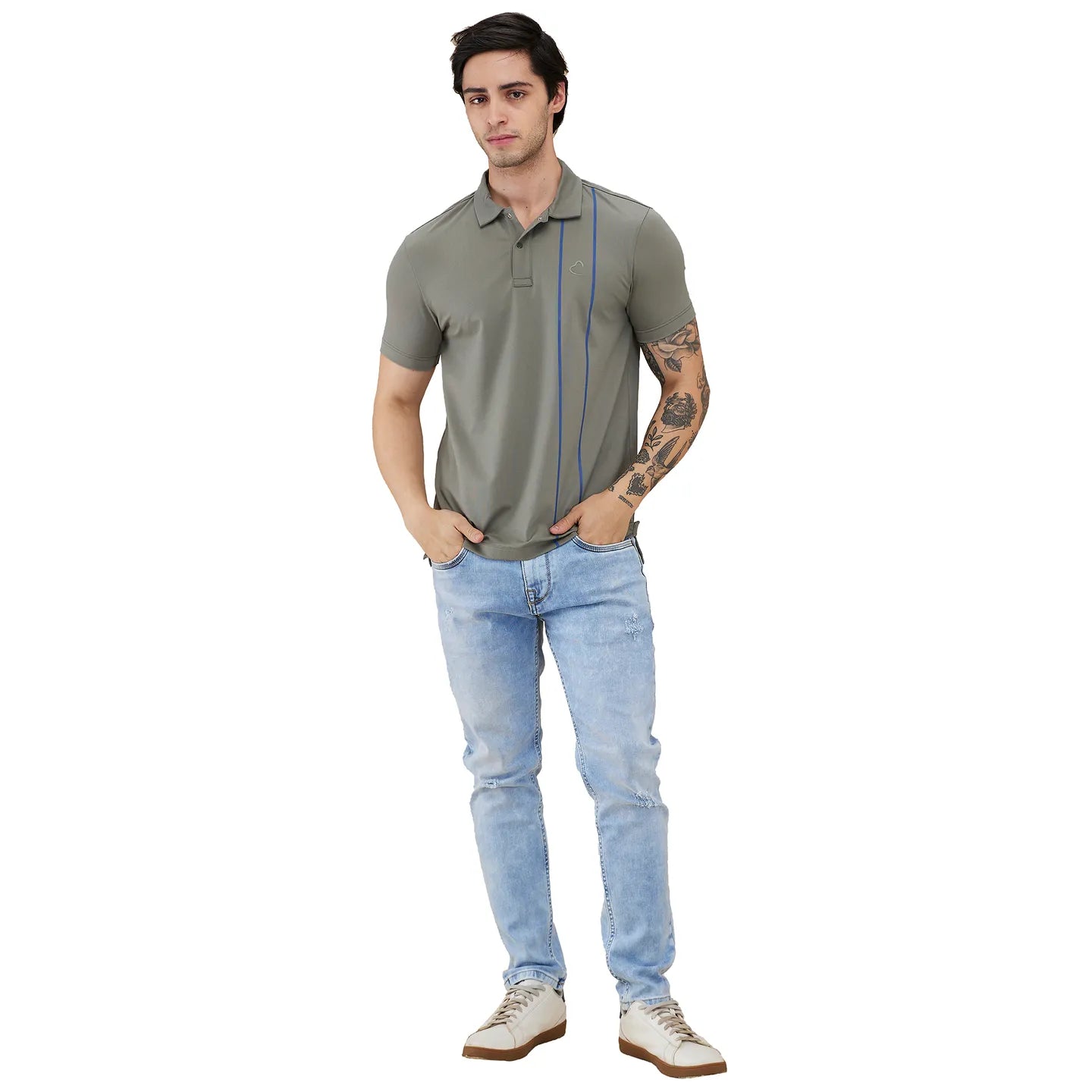 Being Human Clothing Men Green Vertical Stripes Polo Neck T-Shirt