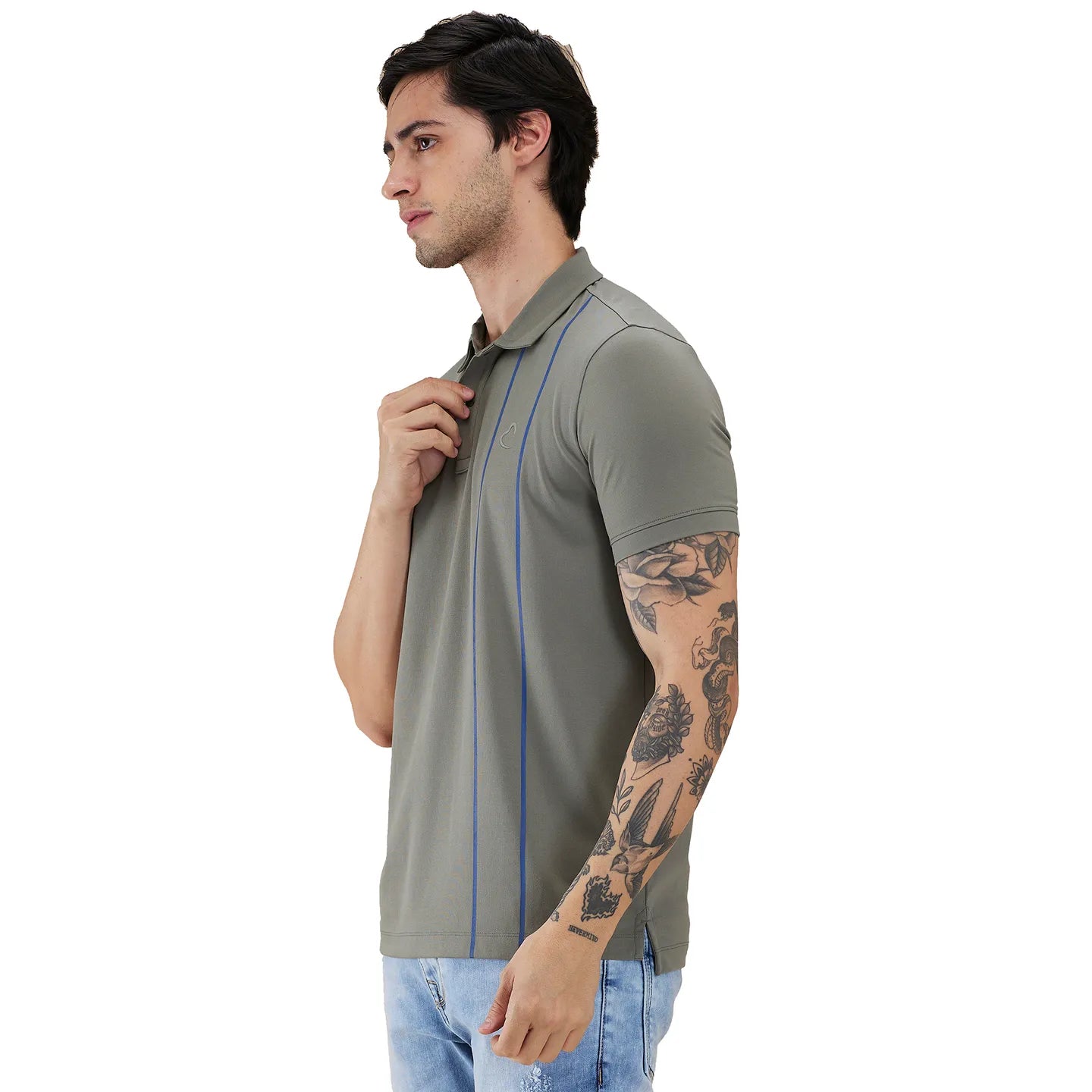 Being Human Clothing Men Green Vertical Stripes Polo Neck T-Shirt