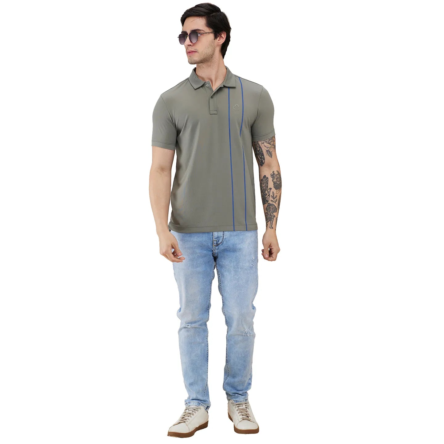 Being Human Clothing Men Green Vertical Stripes Polo Neck T-Shirt