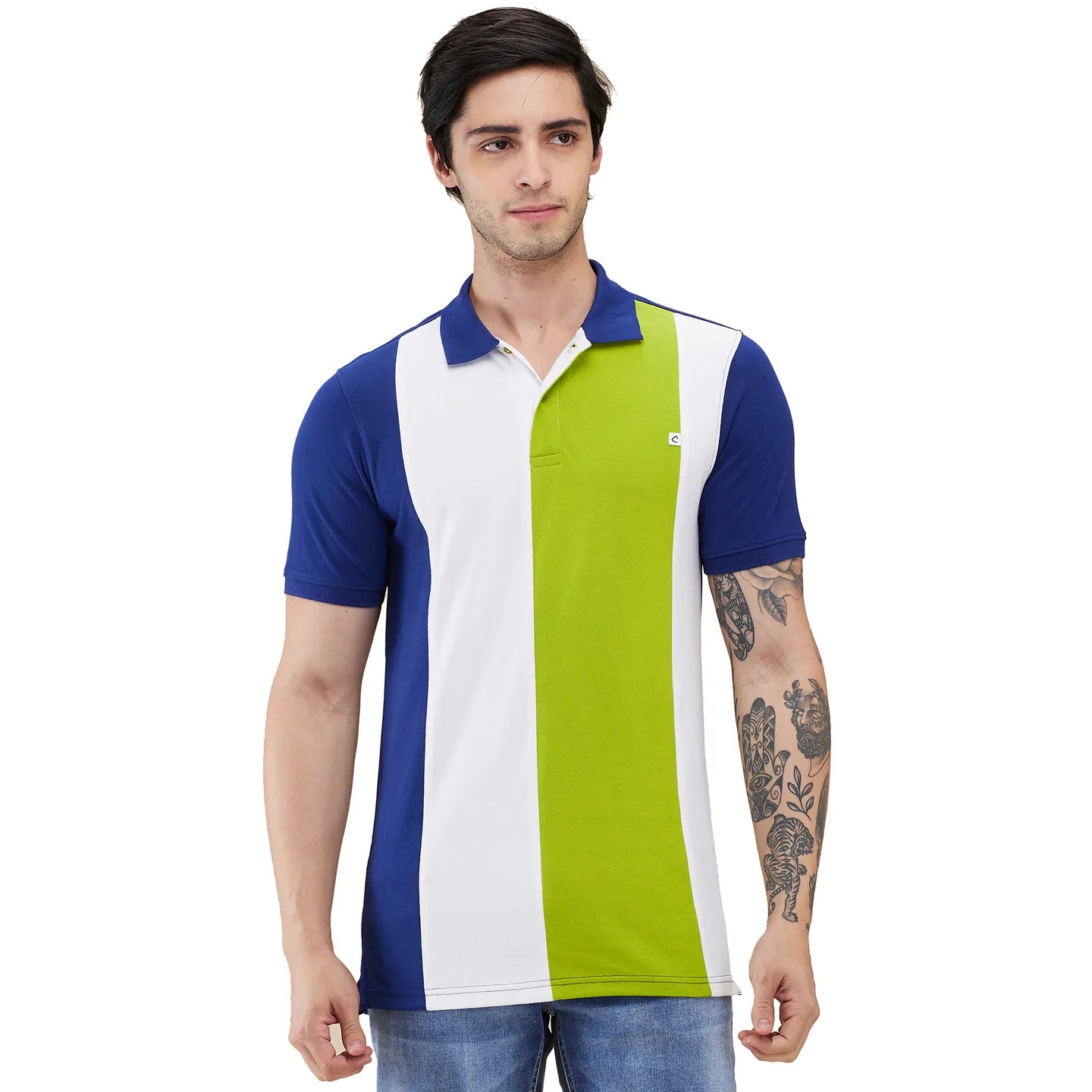 Being Human Clothing Men Blue Colorblock Stripes Polo Neck T-Shirt