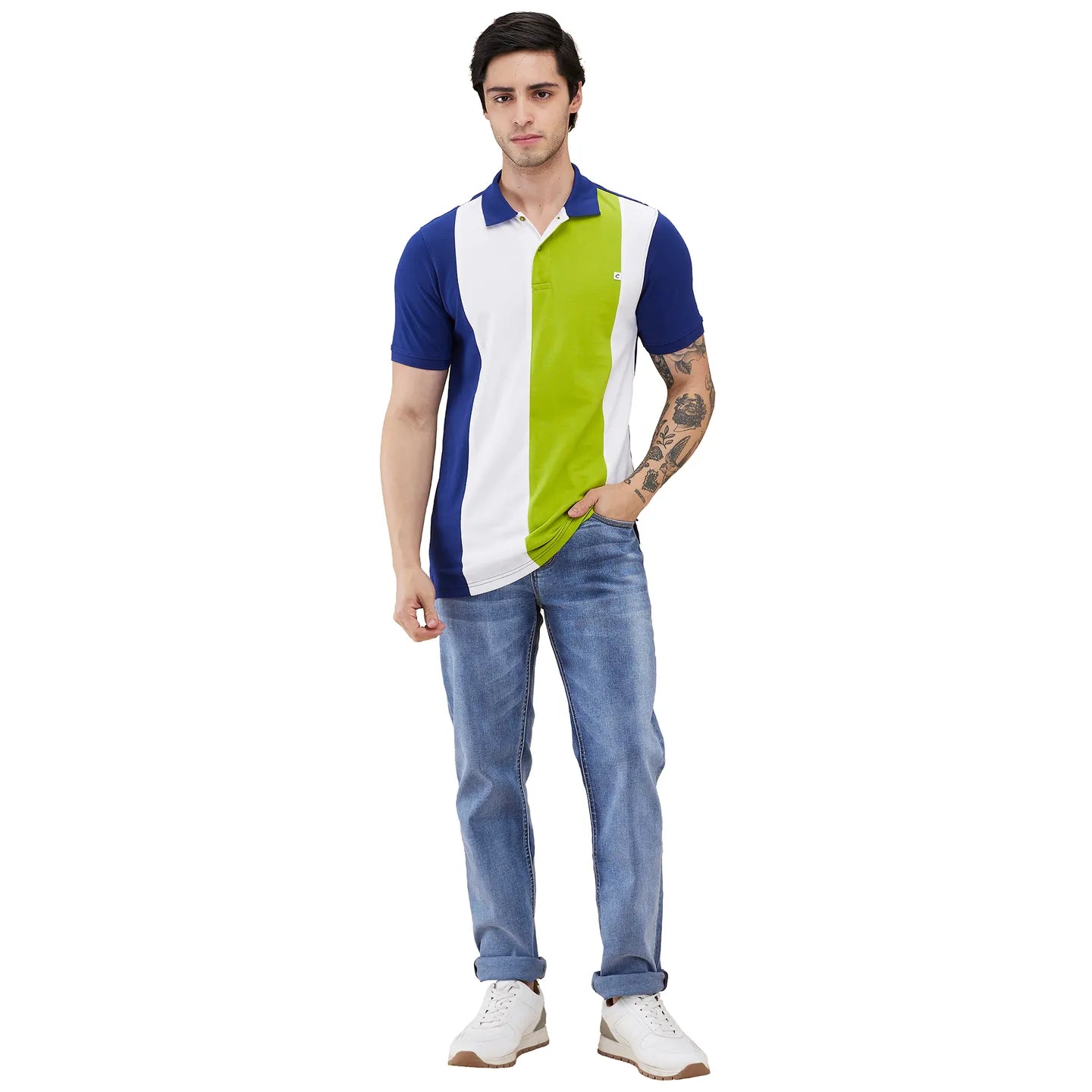 Being Human Clothing Men Blue Colorblock Stripes Polo Neck T-Shirt