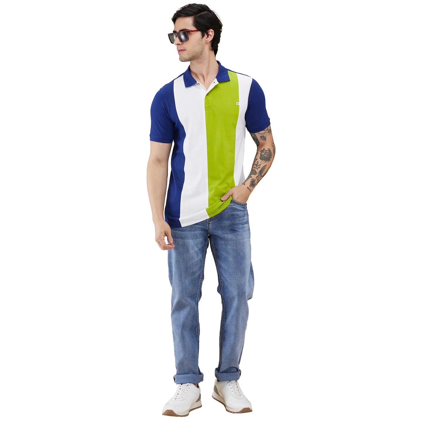 Being Human Clothing Men Blue Colorblock Stripes Polo Neck T-Shirt