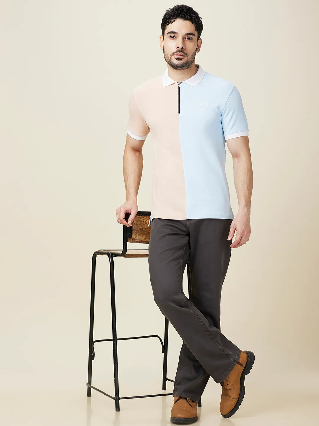 Being Human Clothing Men Blue Color Block Polo Neck T-Shirt