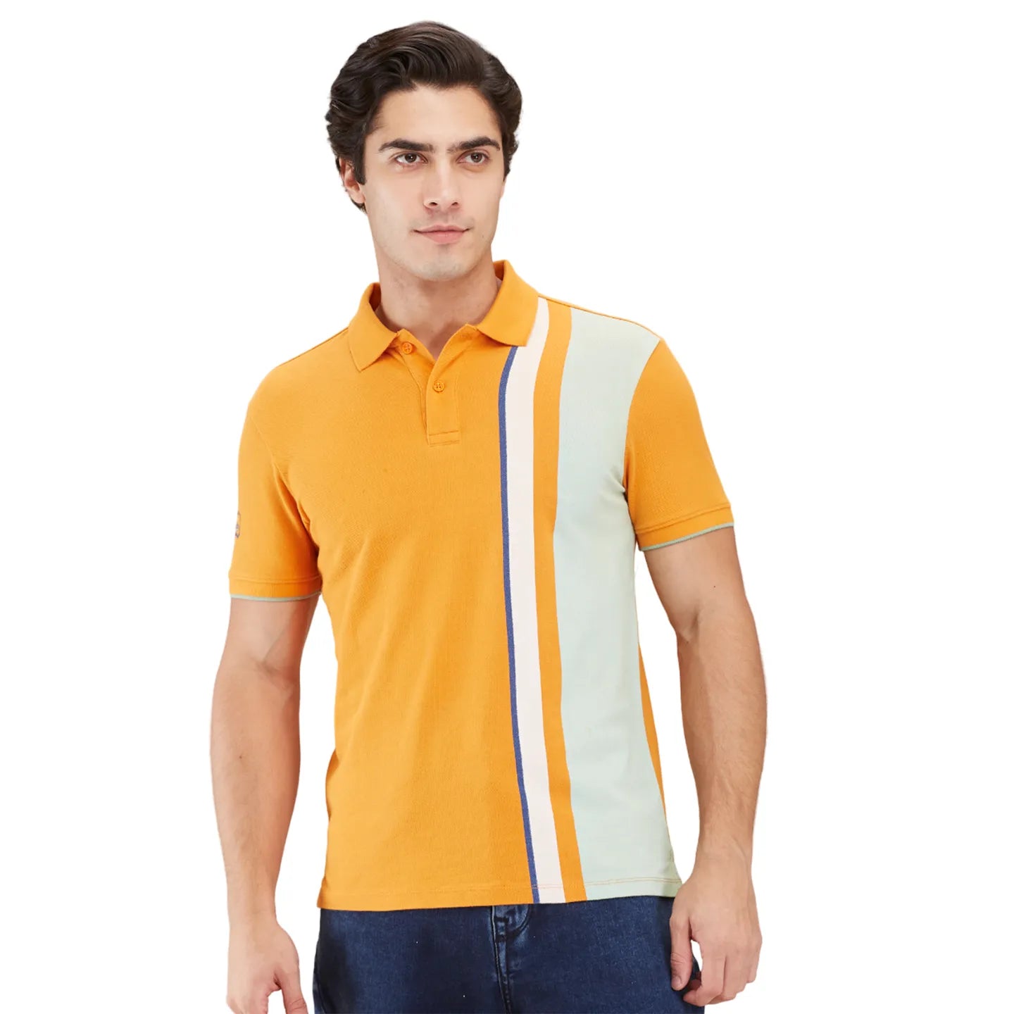 Being Human Clothing Men Orange Colorblock Stripes Polo Neck T-Shirt