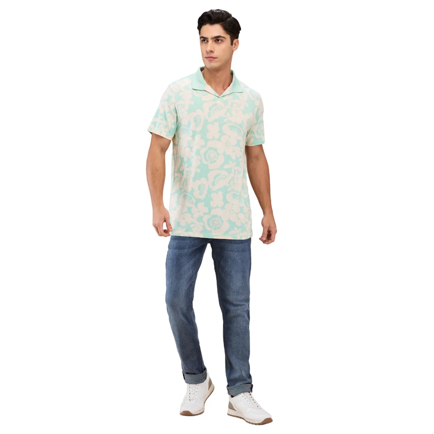 Being Human Clothing Men Green Floral Polo Neck T-Shirt