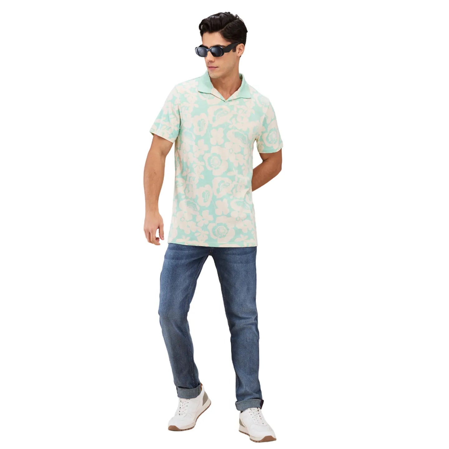 Being Human Clothing Men Green Floral Polo Neck T-Shirt