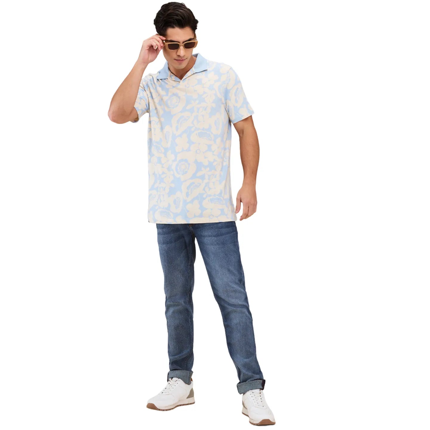 Being Human Clothing Men Blue Floral Polo Neck T-Shirt