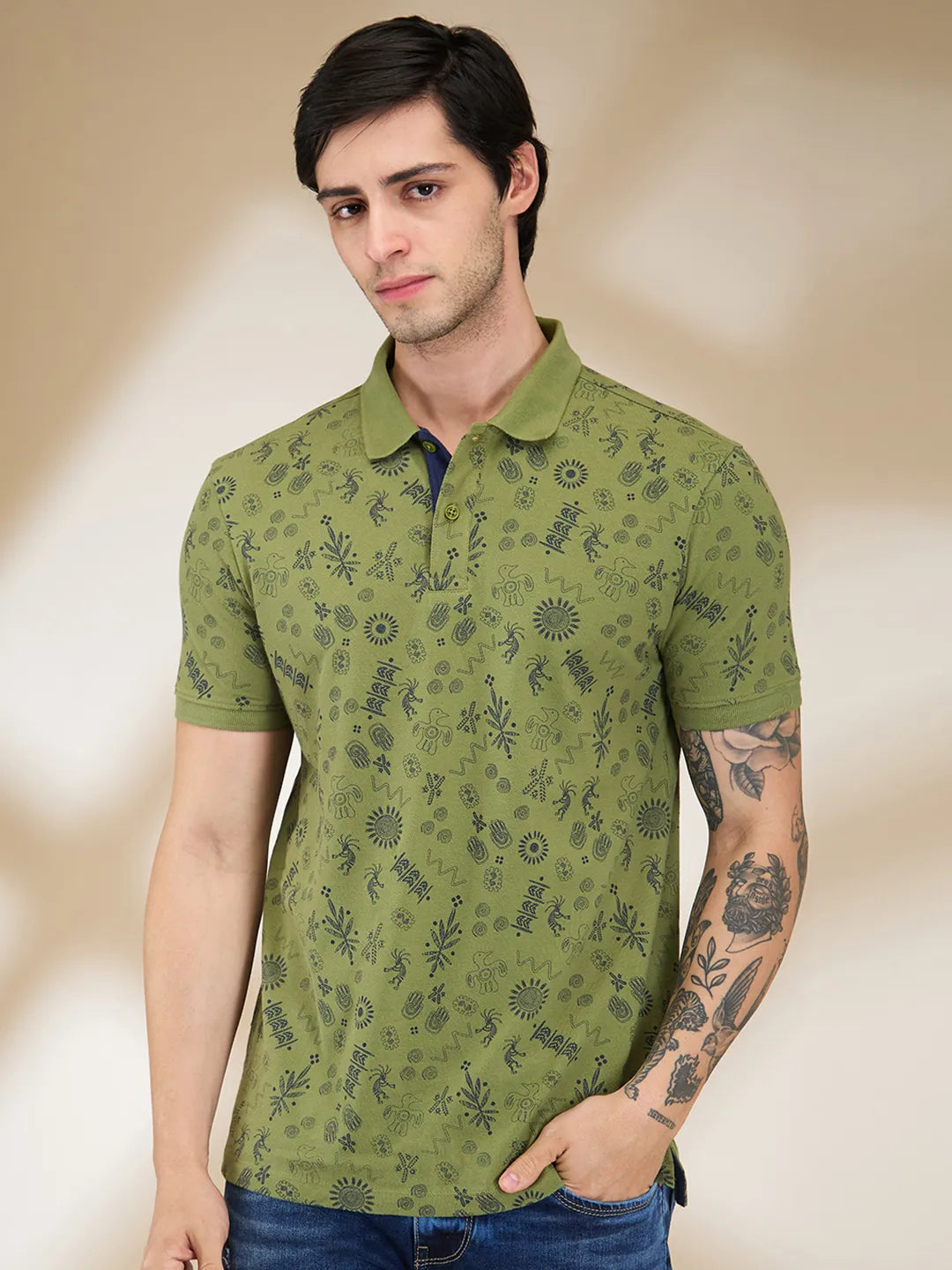 Being Human Clothing Men Green Conversational Polo Neck T-Shirt