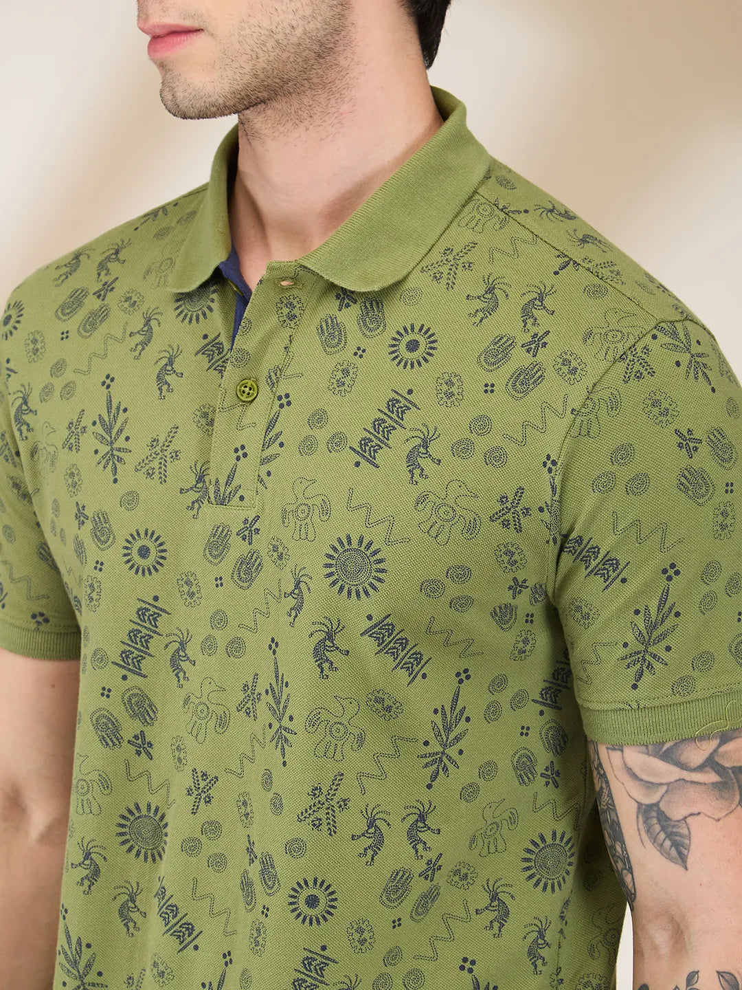 Being Human Clothing Men Green Conversational Polo Neck T-Shirt