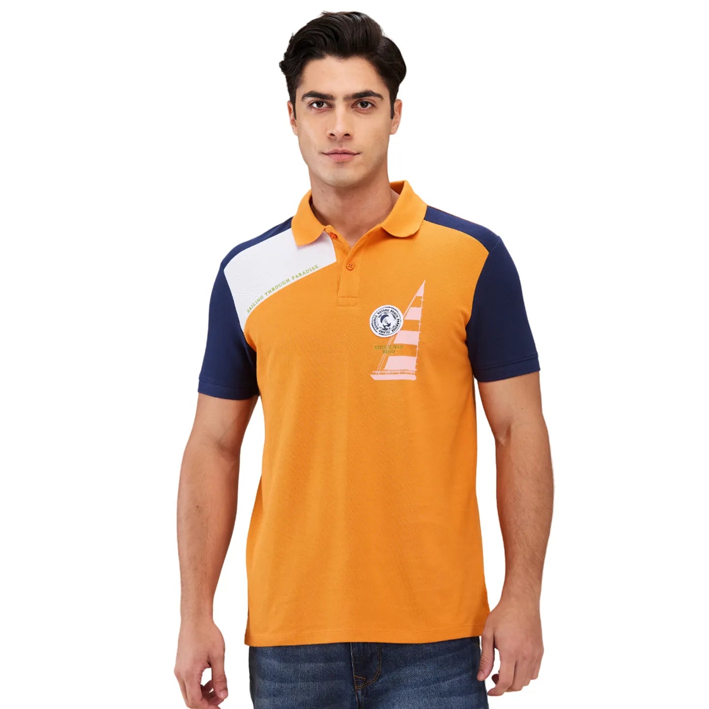 Being Human Clothing Men Orange Color Block Polo Neck T-Shirt