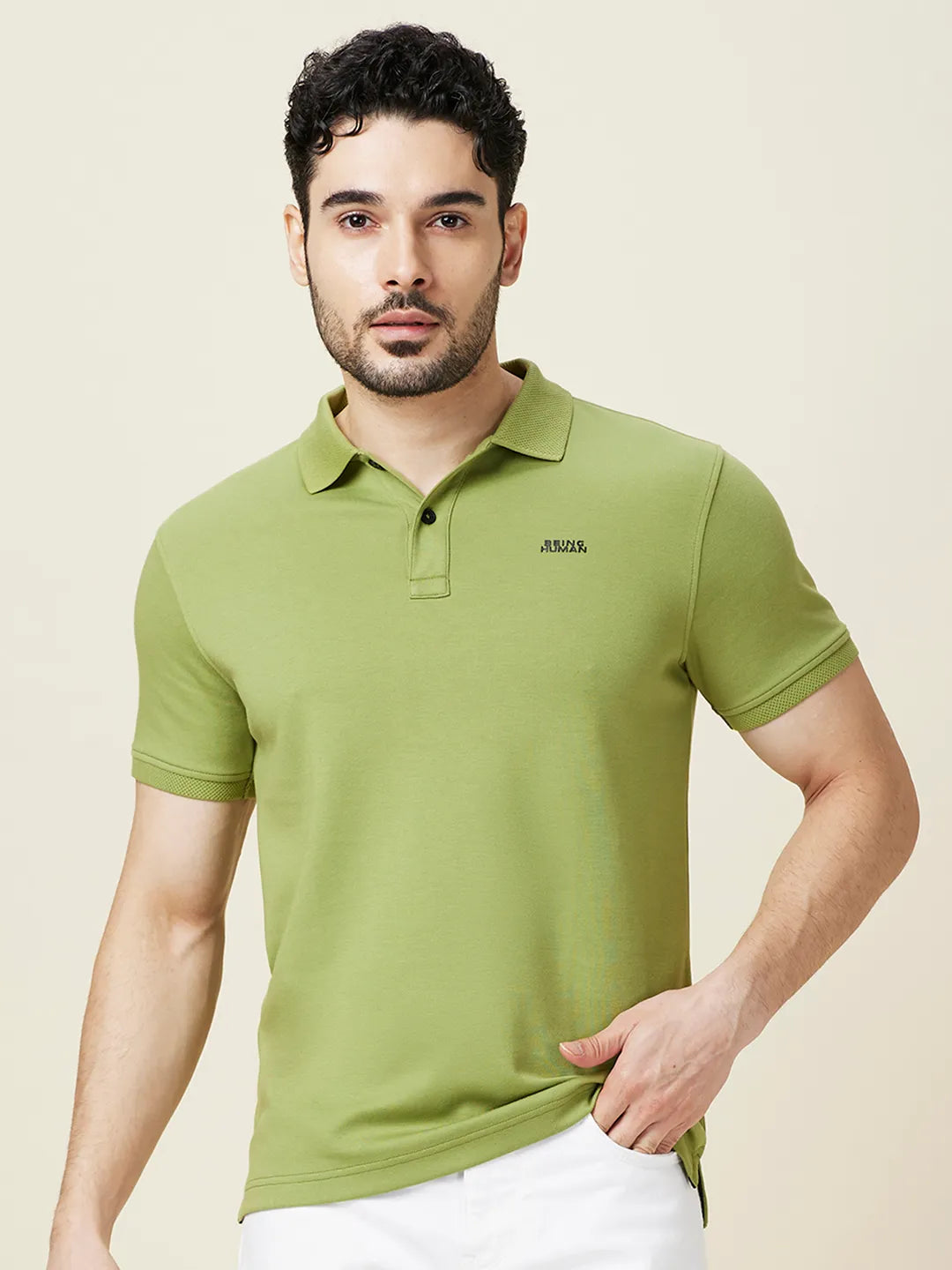 Being Human Clothing Men Green Solid Polo Neck T-Shirt