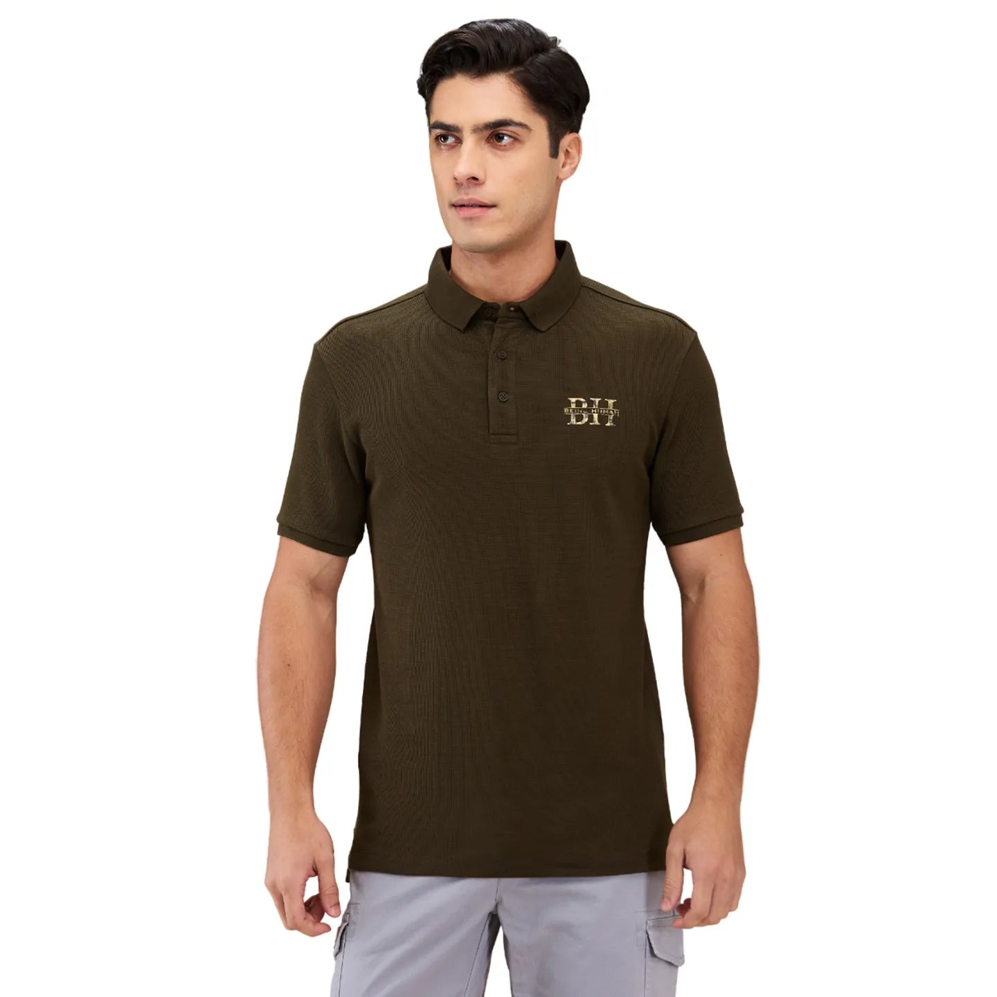 Being Human Clothing Men Brown Textured Polo Neck T-Shirt
