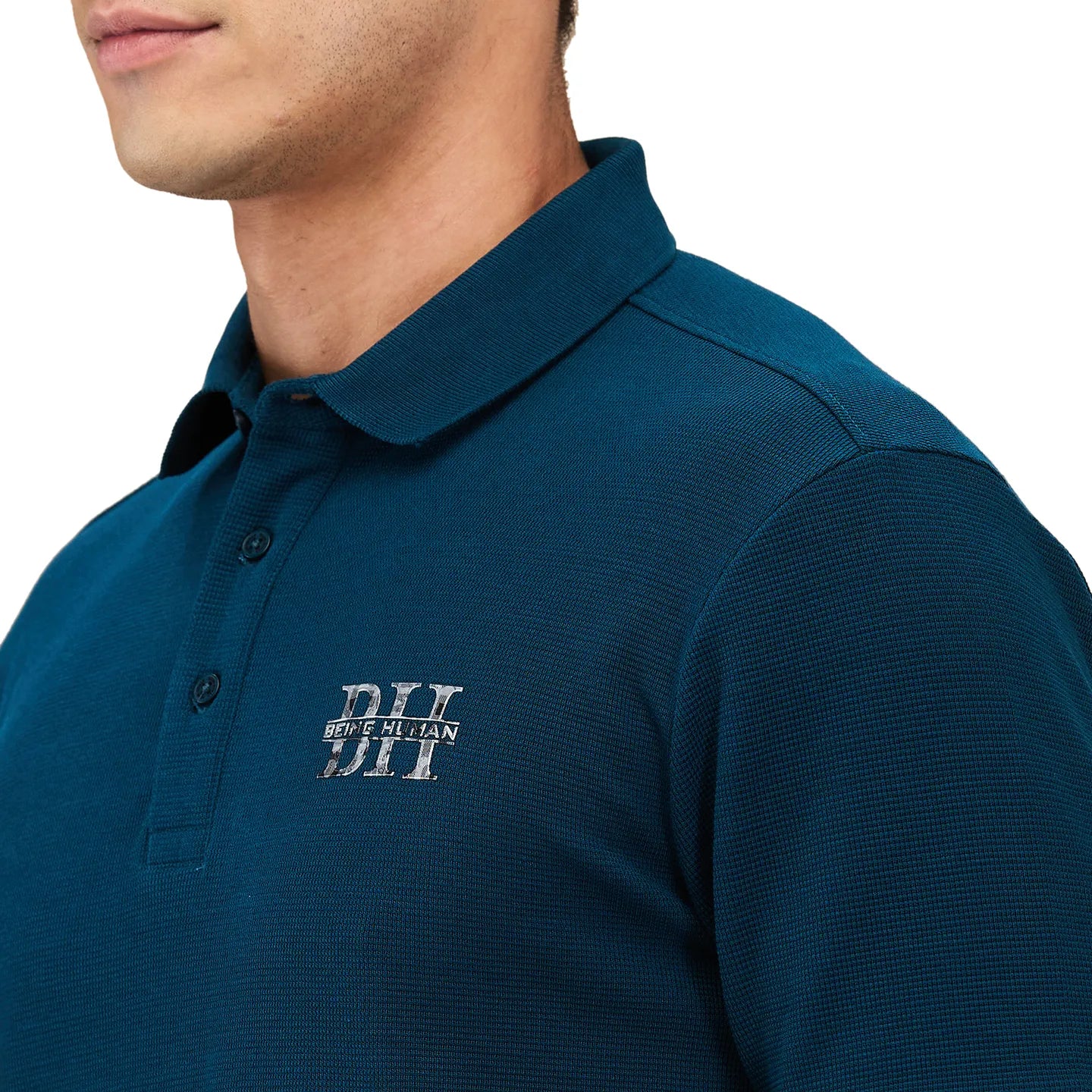 Being Human Clothing Men Green Textured Polo Neck T-Shirt